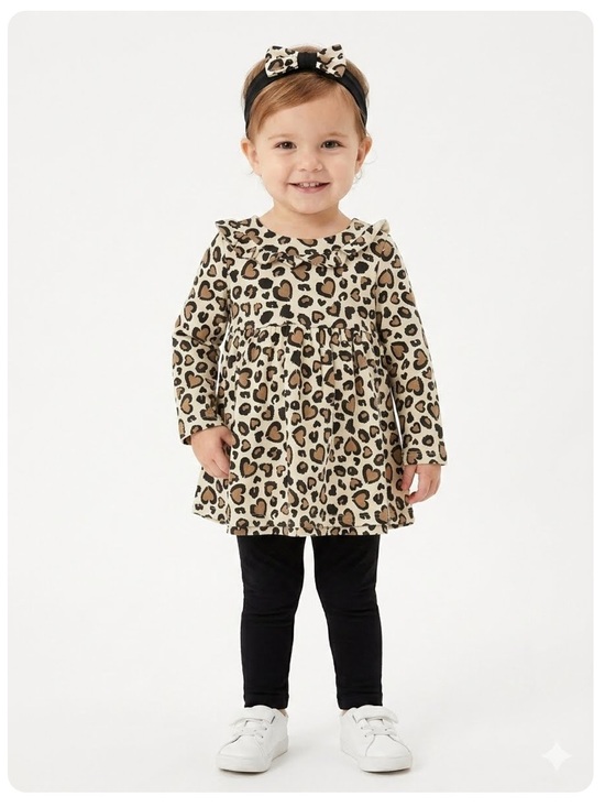Savannah Other - 3pc, Baby Cheeta Print Dress, black leggings and Bow Headband Size 12Months